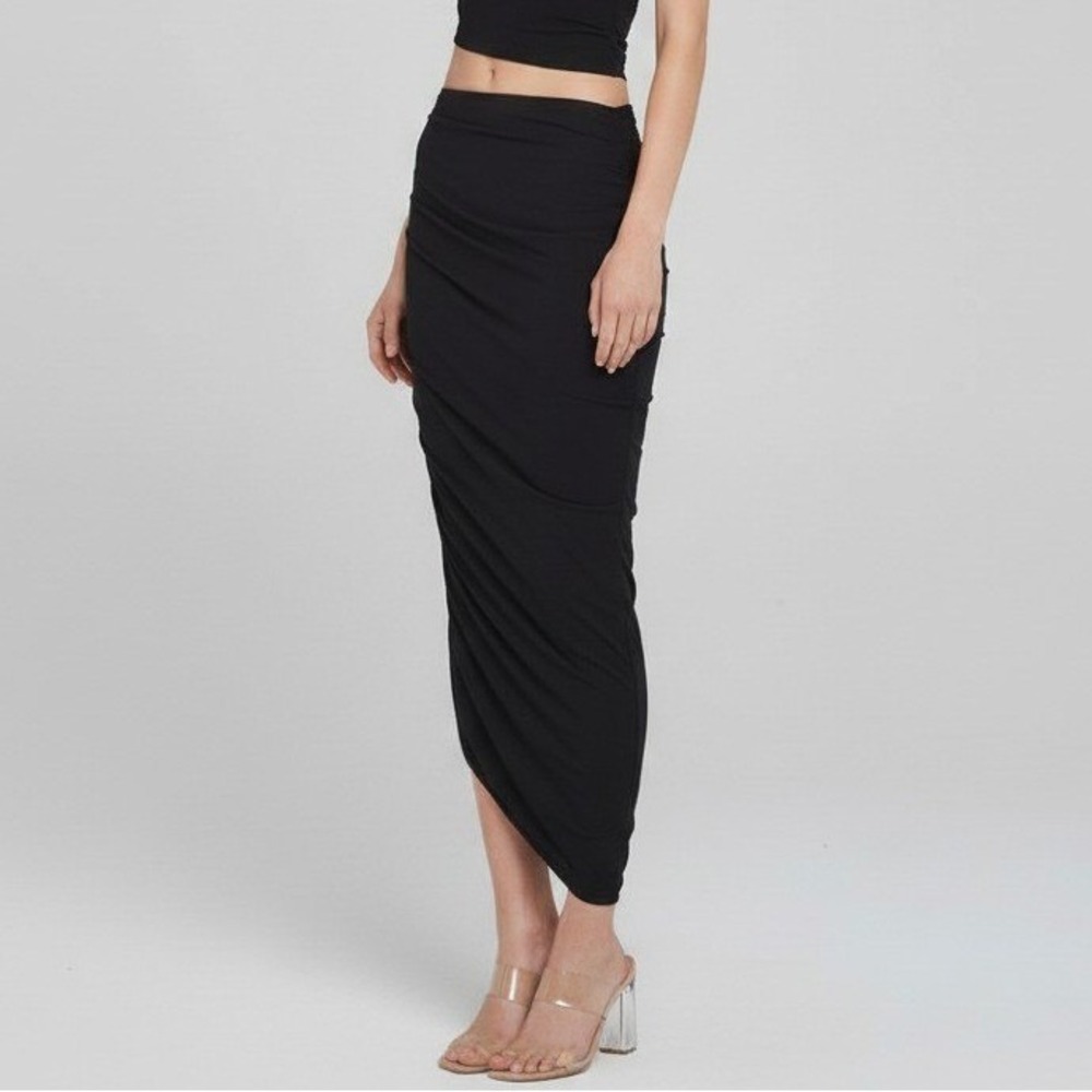 Norma Kamali Diana Long Skirt Black Ruched Asymmetrical Womens Size XS/29